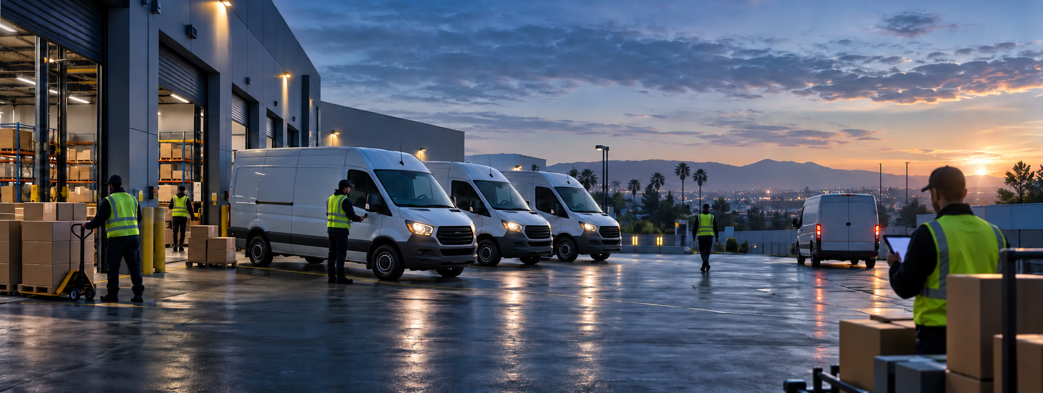 Representative image of white commercial cargo vans staged at a logistics facility at sunset