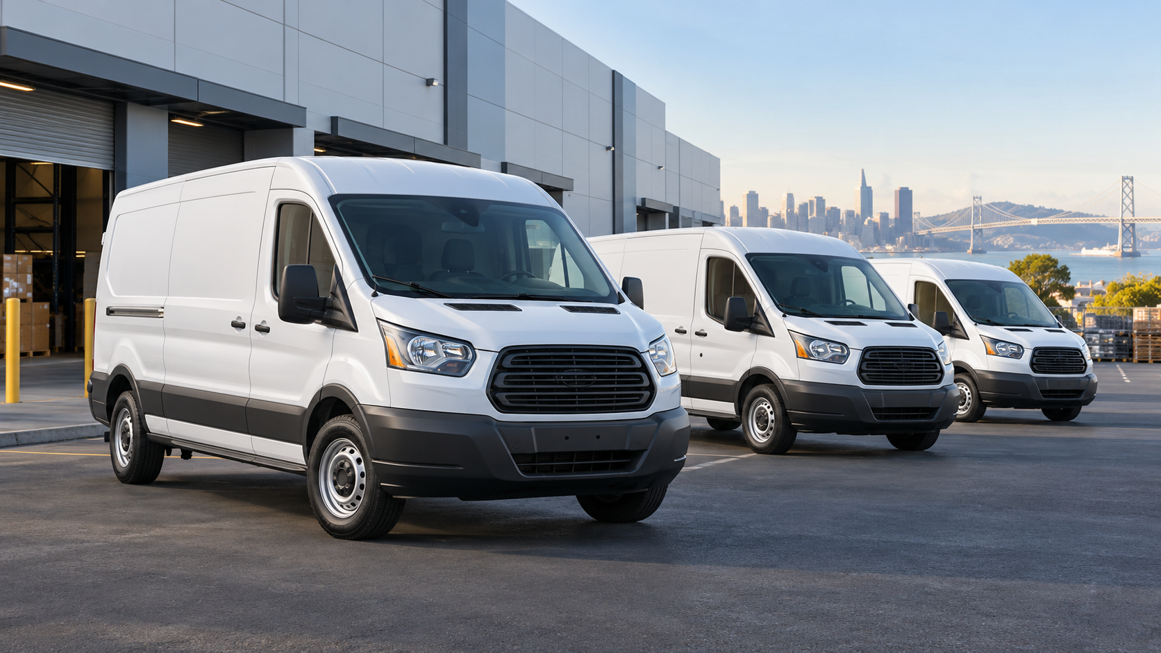 Representative image of white medium-roof commercial cargo vans in a Bay Area-style logistics setting